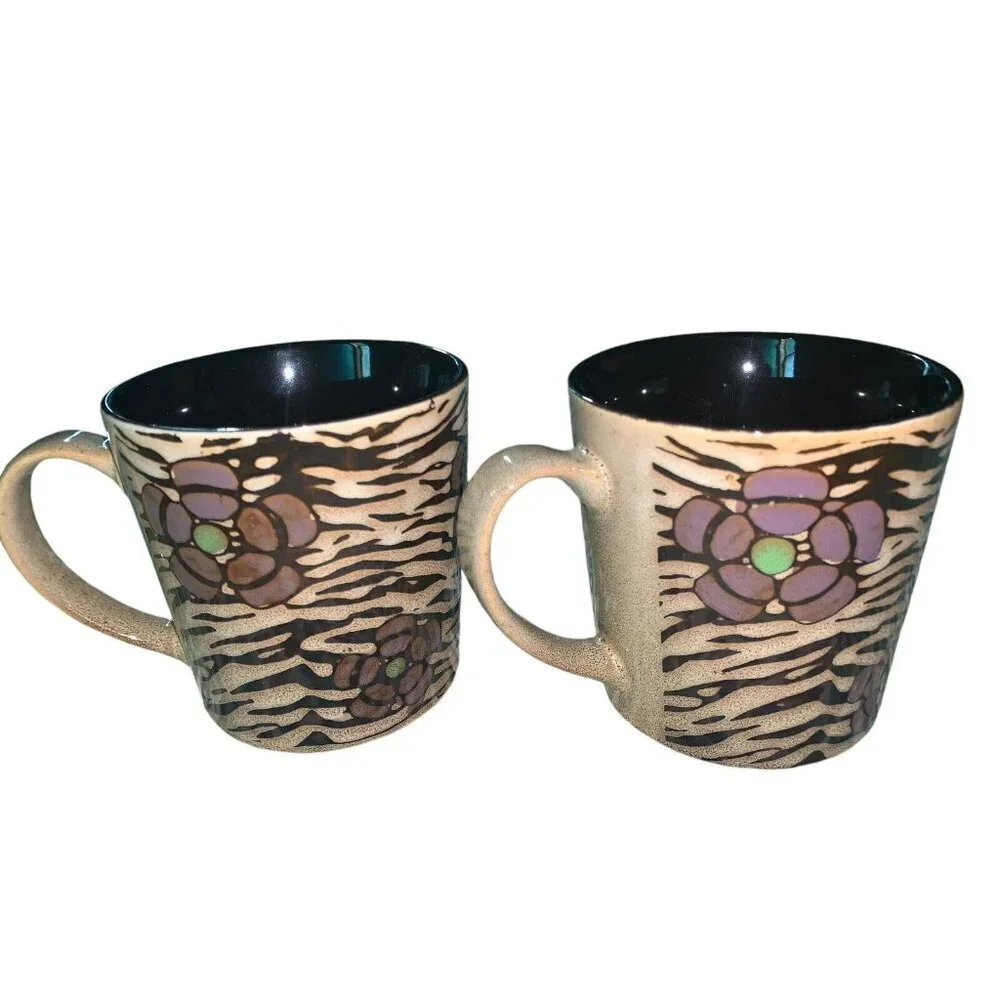 Lot of 2‎ Blue Harbor Safari Collection Coffee Mugs Tiger & Floral Tan Blue 2014